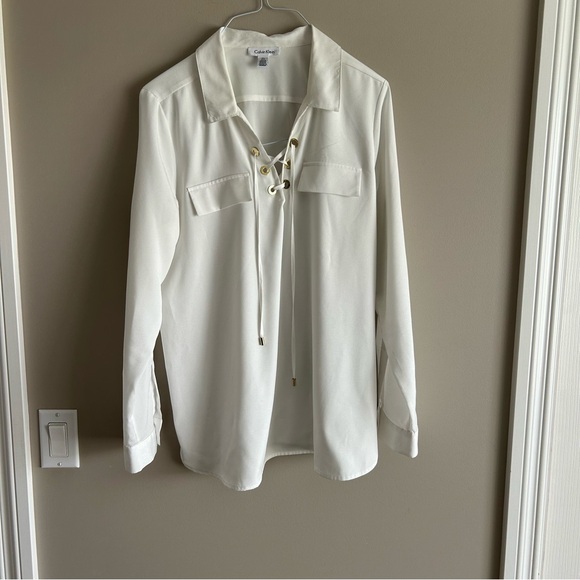 Calvin Klein White Dress Top with gold accent loops that ties at the neckline - Picture 3 of 14